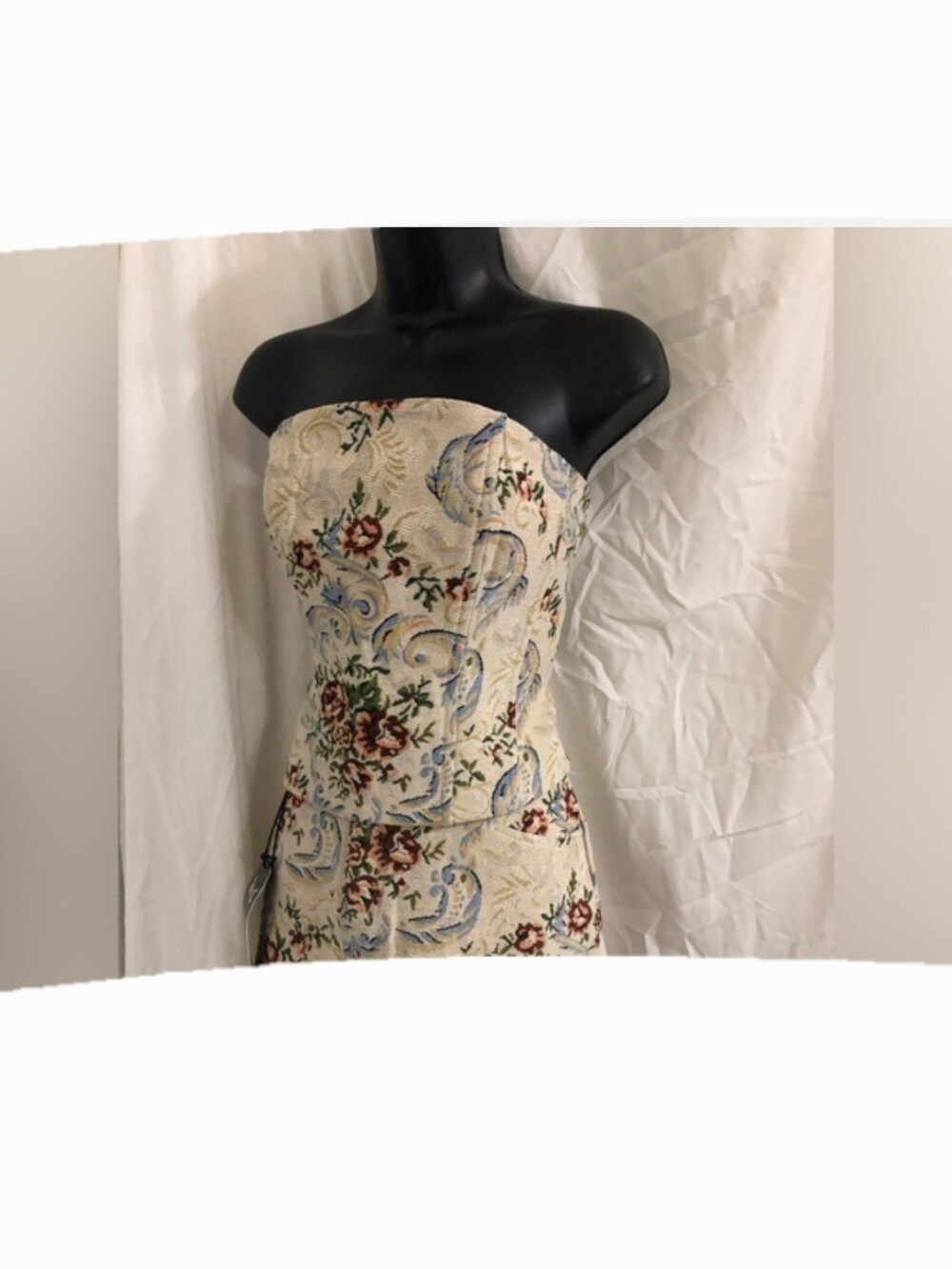 Beige floral tapestry jacquard brocade print lace-up corset style top size S new